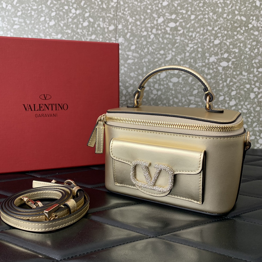 Valentino Garavani Loco Mini Box Bag in Gold Calfskin Leather 